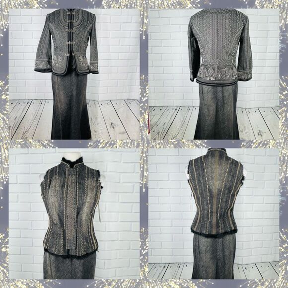 NWT Peter Nygard Gray & Black Faux Fur Embroidered...